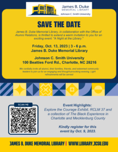 A Night at the Library 
Join us for a fun-filled evening at the library! On Friday October 13, 2023, starting at 3:00 pm, we are hosting a free event that you won't want to miss. The event will take place at 100 Beatties Ford Road, Charlotte, NC 28216.
Come and explore the wonders of the library after hours. Immerse yourself in a world of books, knowledge, entertainment, and exhibits. This is a fantastic opportunity to discover new stories, meet fellow bookworms, and enjoy a night out in a unique setting.
